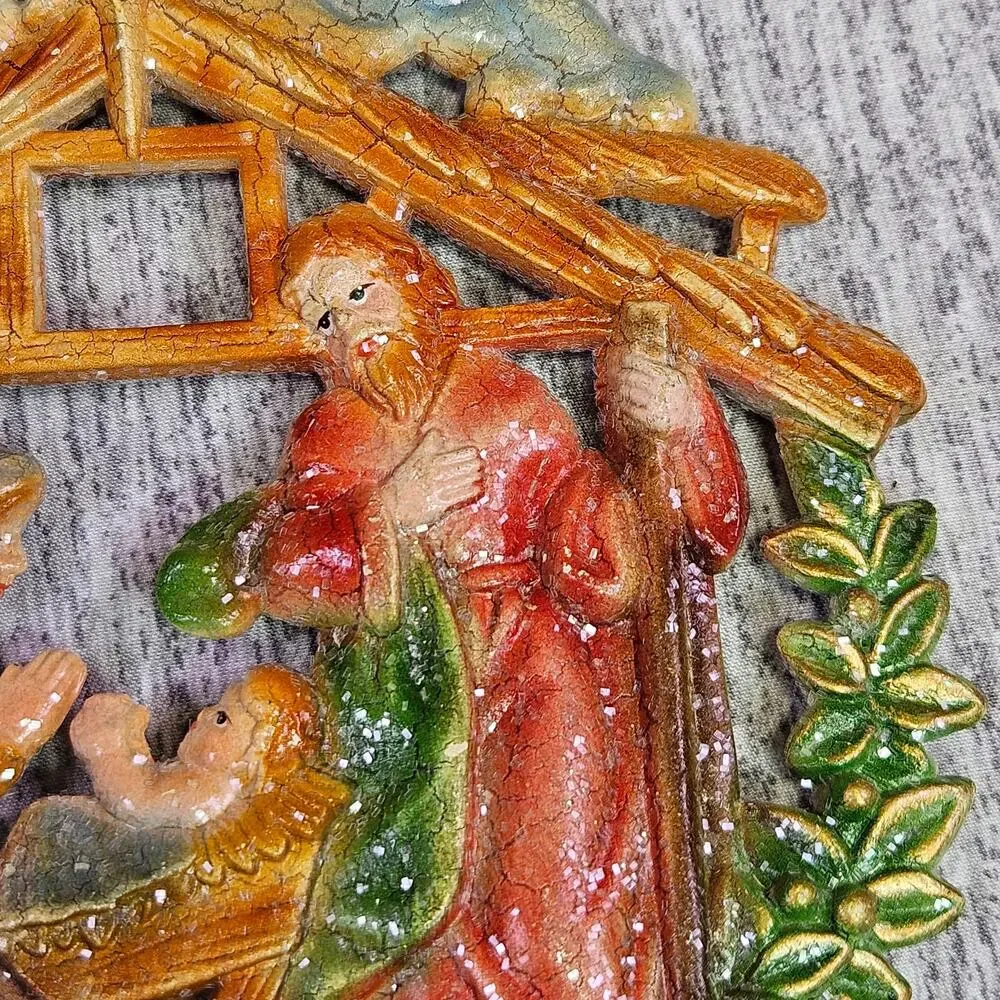 VTG 70s Christmas Tree Ornament Set of 2 Nativity Baby Jesus Mary Joseph Stable